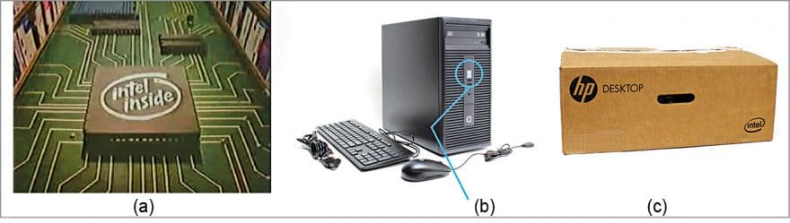 Marketing efforts by Intel (a) Still from the early 1990s’ Intel Inside commercial, (b) HP CPU with Intel Inside logo and (c) HP desktop carton with Intel branding