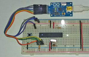 A circuit built on a breadboard for an Arduino-based project 