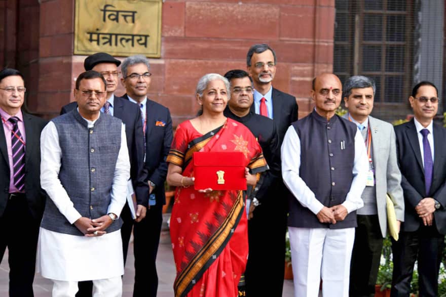 The Union Minister for Finance and Corporate Affairs, Nirmala Sitharaman, on way to Rashtrapati Bhavan and Parliament House, along with the Ministers of State for Finance, Pankaj Chaowdhary and Dr Bhagwat Kishanrao Karad, and some senior officials to present the Union Budget 2023-24 